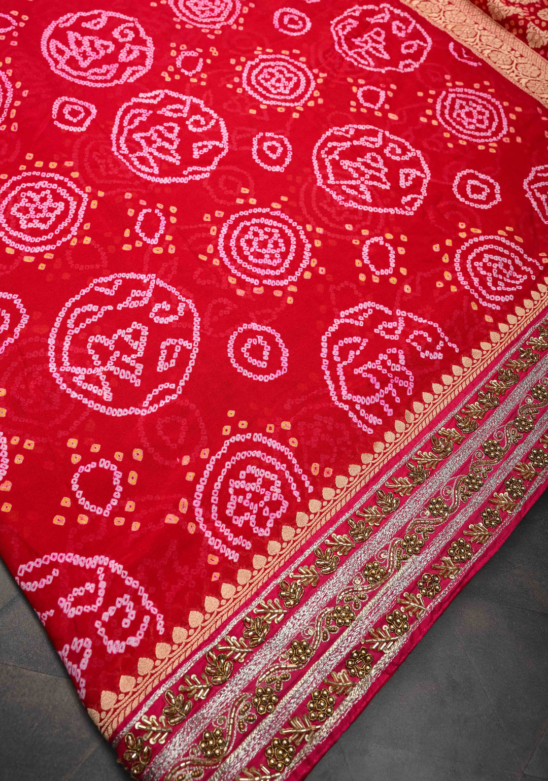 Red Authentic Sarkam Bandhej Silk Georgette Saree with Cutdana HandWork In Border | SILK MARK CERTIFIED