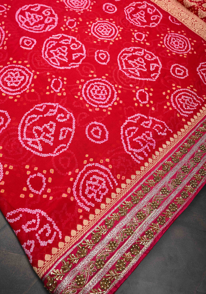 Red Authentic Sarkam Bandhej Silk Georgette Saree with Cutdana HandWork In Border | SILK MARK CERTIFIED