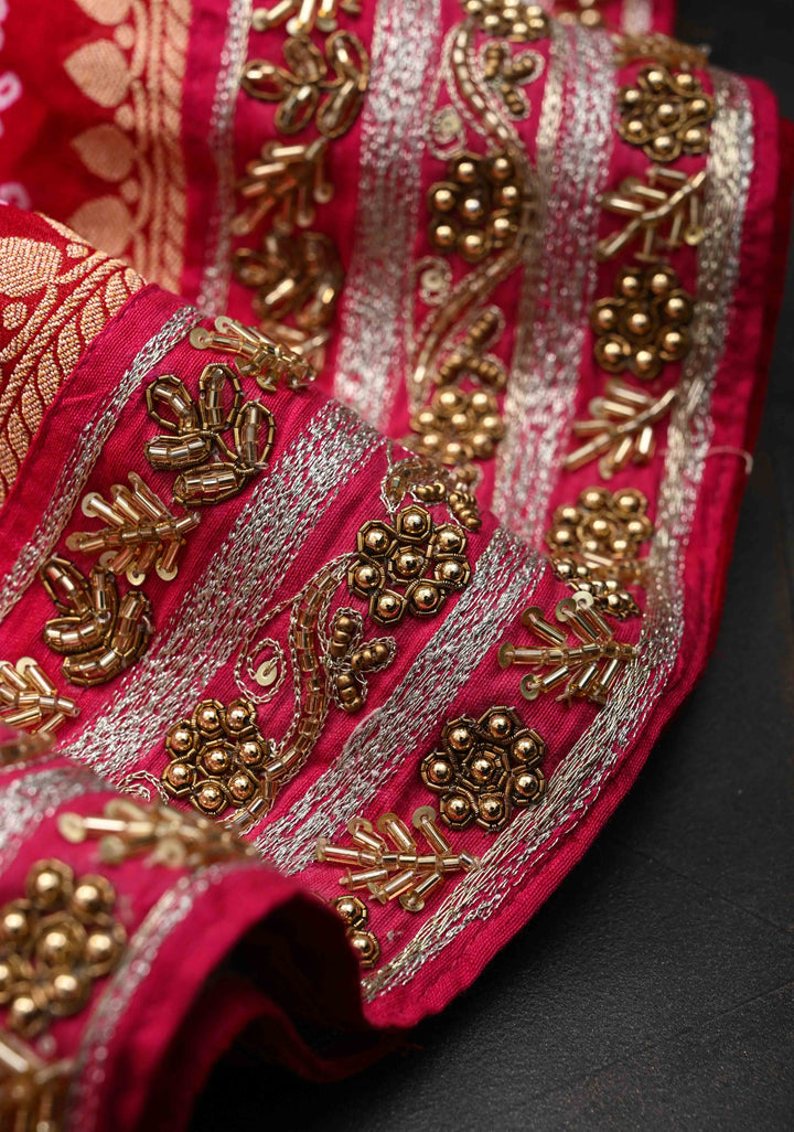 Red Authentic Sarkam Bandhej Silk Georgette Saree with Cutdana HandWork In Border | SILK MARK CERTIFIED