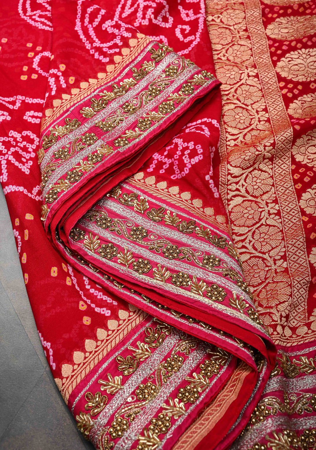 Red Authentic Sarkam Bandhej Silk Georgette Saree with Cutdana HandWork In Border | SILK MARK CERTIFIED