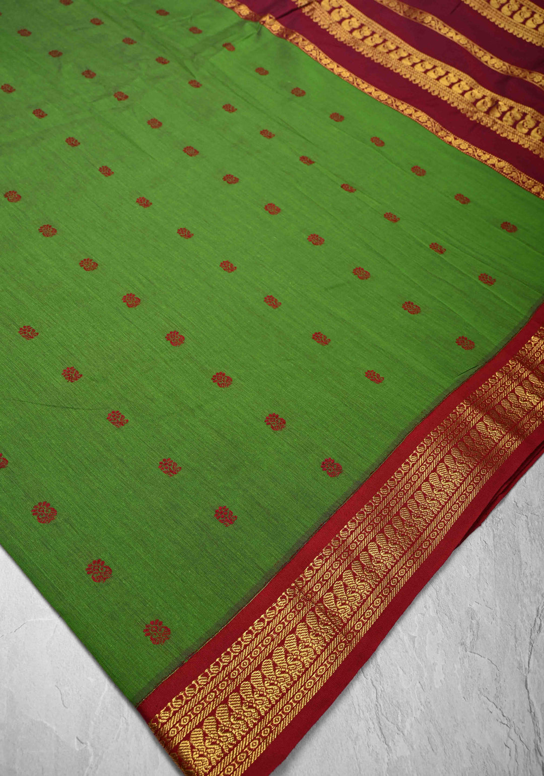Green Venkatagiri Cotton Silk Saree with Thread buttas and Red zari borders
