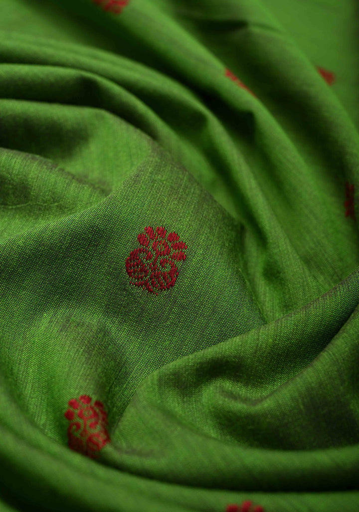 Green Venkatagiri Cotton Silk Saree with Thread buttas and Red zari borders