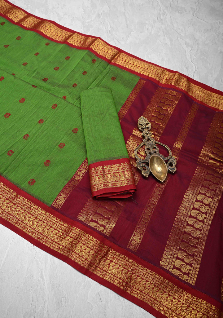 Green Venkatagiri Cotton Silk Saree with Thread buttas and Red zari borders