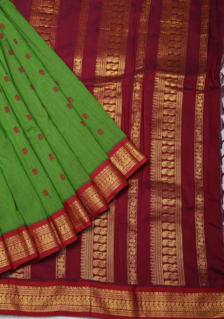 Green Venkatagiri Cotton Silk Saree with Thread buttas and Red zari borders