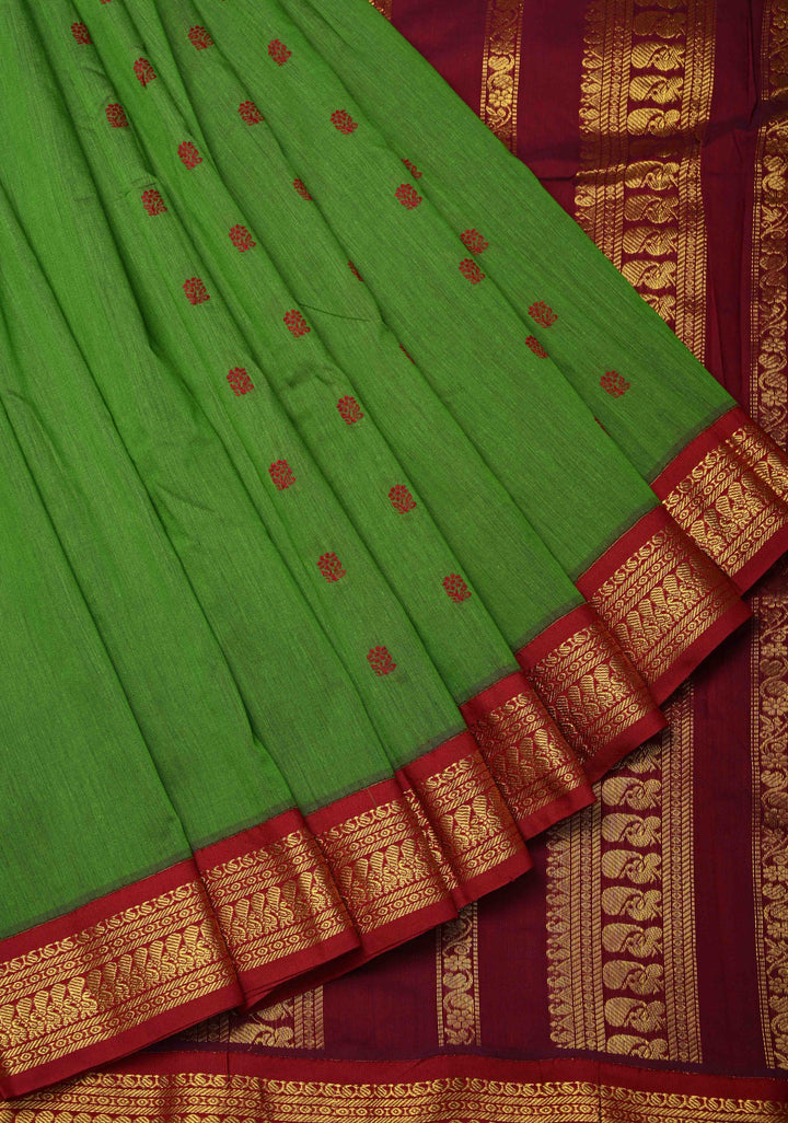 Green Venkatagiri Cotton Silk Saree with Thread buttas and Red zari borders
