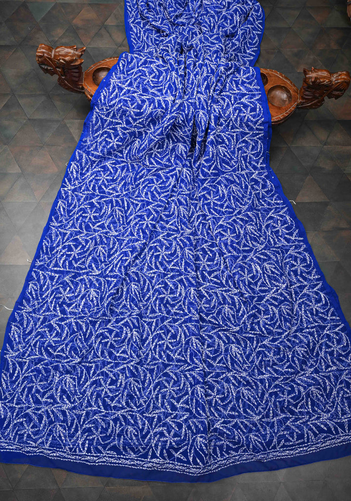 Authentic Blue Hand-Embroidered Full Jaal Chikankari Georgette Saree