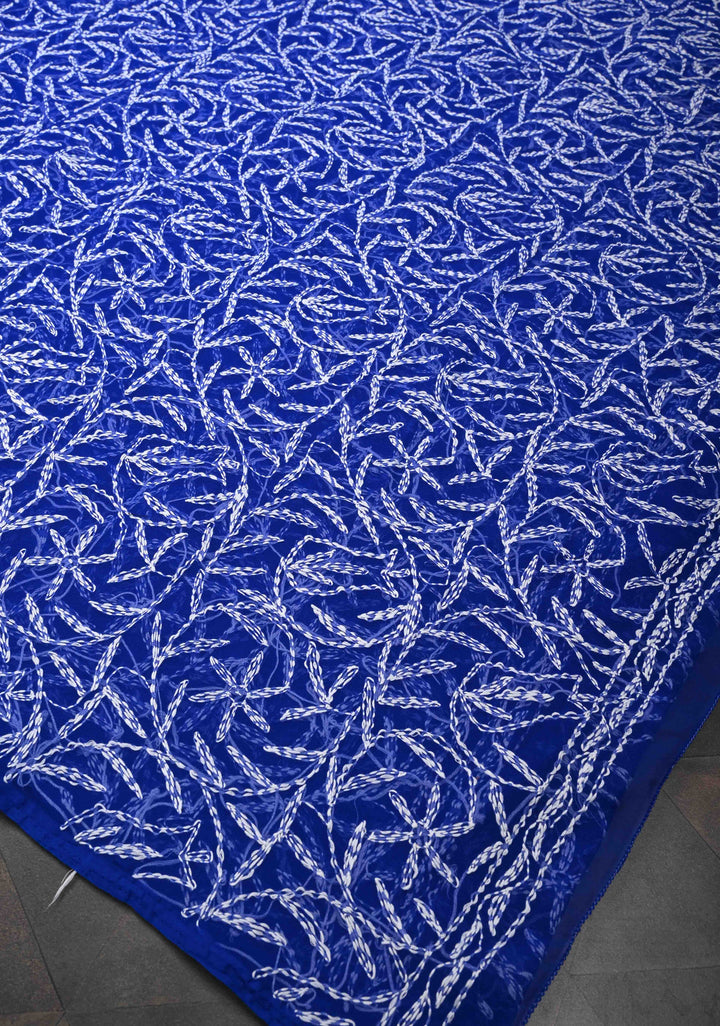 Authentic Blue Hand-Embroidered Full Jaal Chikankari Georgette Saree