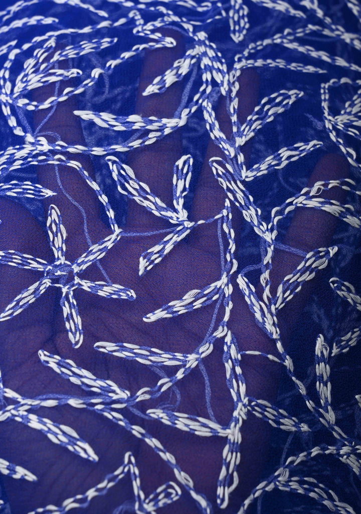 Authentic Blue Hand-Embroidered Full Jaal Chikankari Georgette Saree