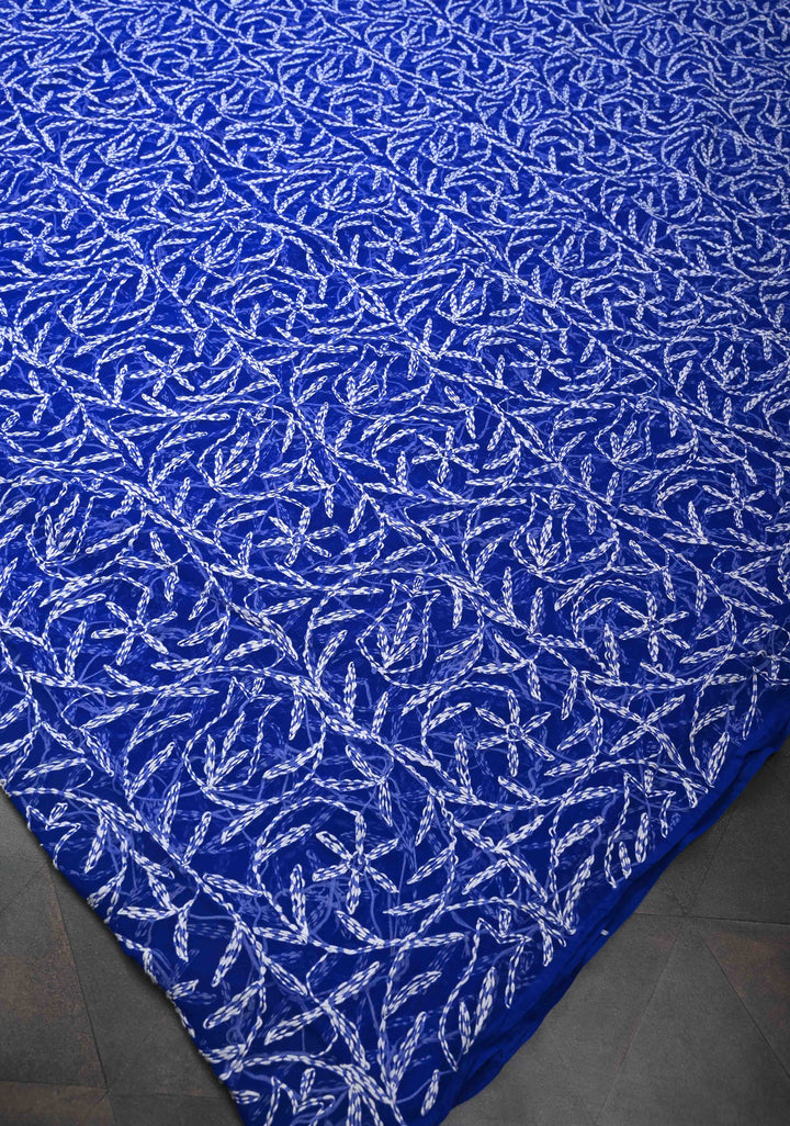 Authentic Blue Hand-Embroidered Full Jaal Chikankari Georgette Saree
