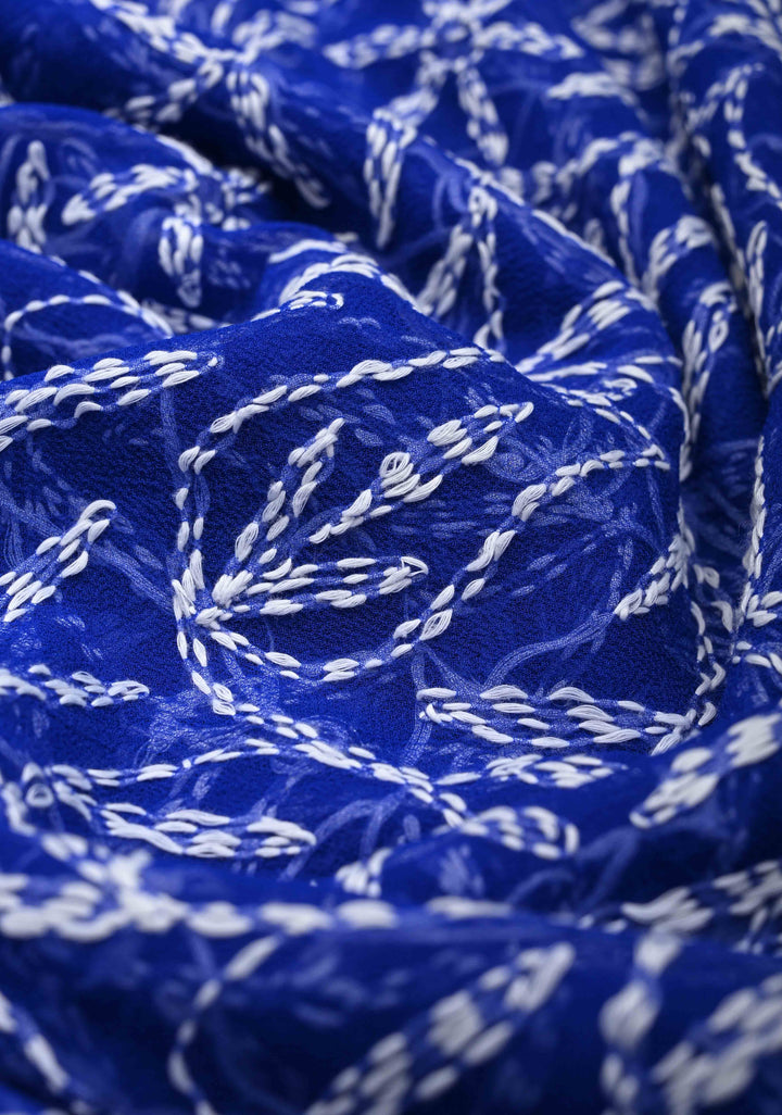 Authentic Blue Hand-Embroidered Full Jaal Chikankari Georgette Saree