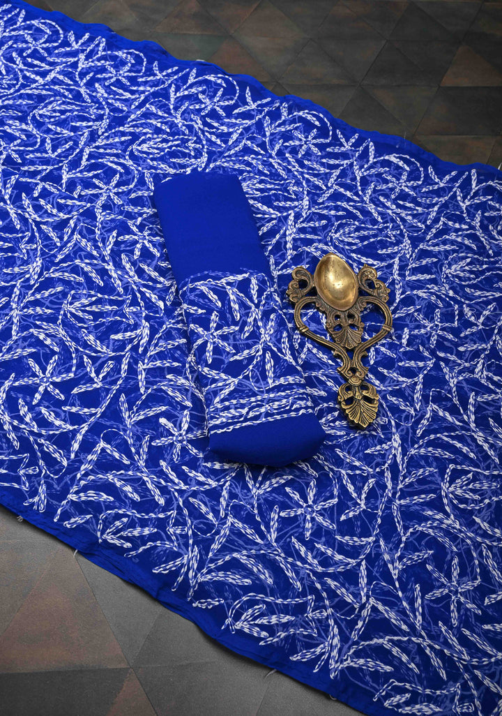 Authentic Blue Hand-Embroidered Full Jaal Chikankari Georgette Saree
