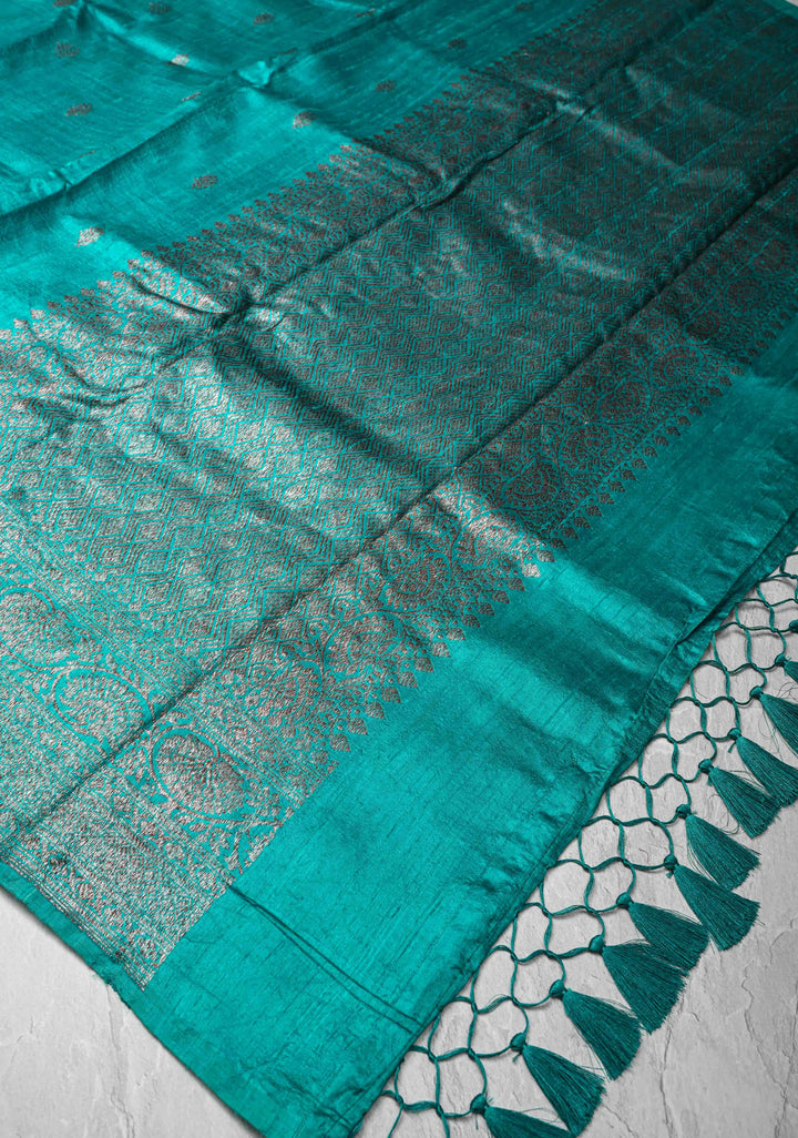 Teal Banarasi Raw Silk Saree with Antique Zari Buttas and Zari Border | SILK MARK CERTIFIED