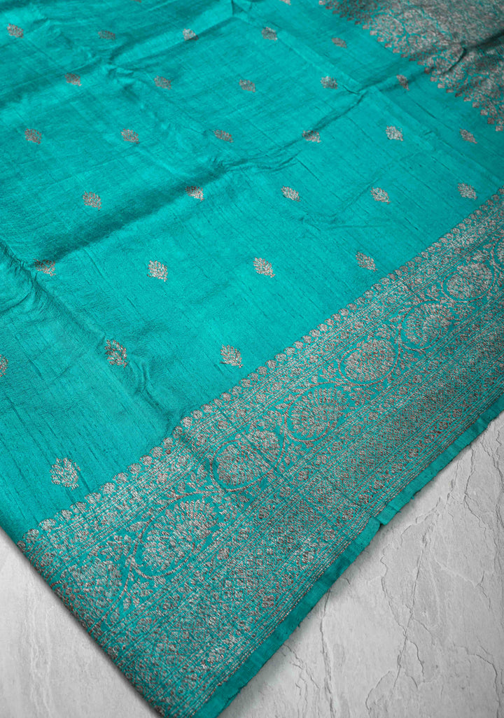 Teal Banarasi Raw Silk Saree with Antique Zari Buttas and Zari Border | SILK MARK CERTIFIED