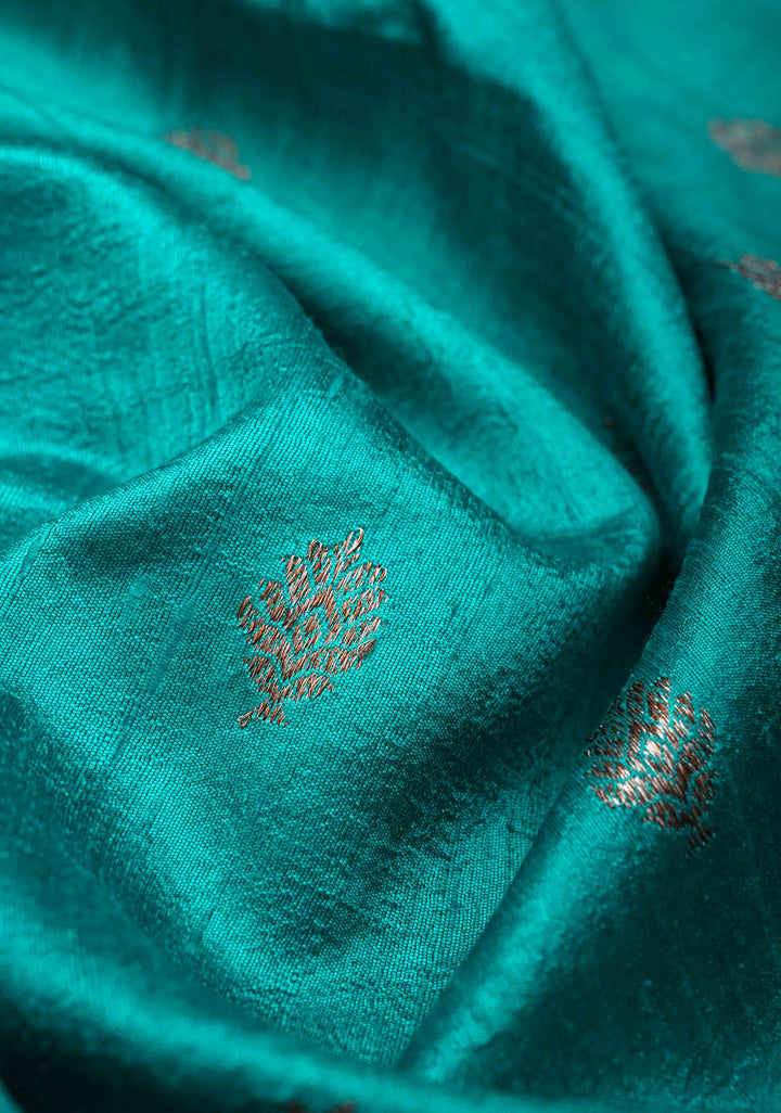 Teal Banarasi Raw Silk Saree with Antique Zari Buttas and Zari Border | SILK MARK CERTIFIED