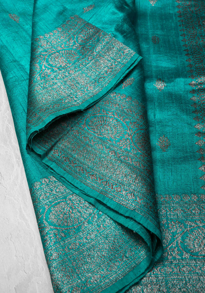 Teal Banarasi Raw Silk Saree with Antique Zari Buttas and Zari Border | SILK MARK CERTIFIED