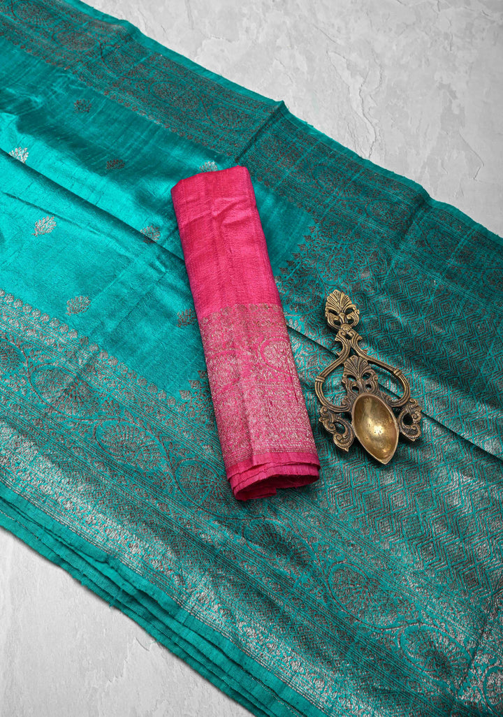 Teal Banarasi Raw Silk Saree with Antique Zari Buttas and Zari Border | SILK MARK CERTIFIED