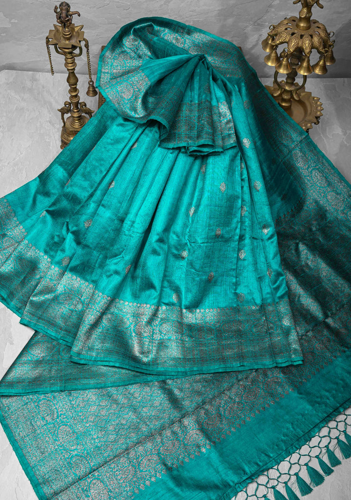 Teal Banarasi Raw Silk Saree with Antique Zari Buttas and Zari Border | SILK MARK CERTIFIED