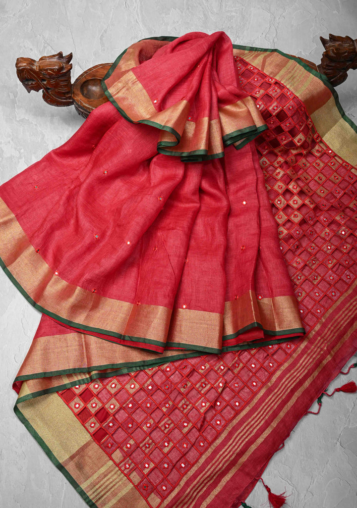 Jaali Pallu - Linen by Linen Cutwork and Mirrorwork Saree in Reddish Pink and Zari Border