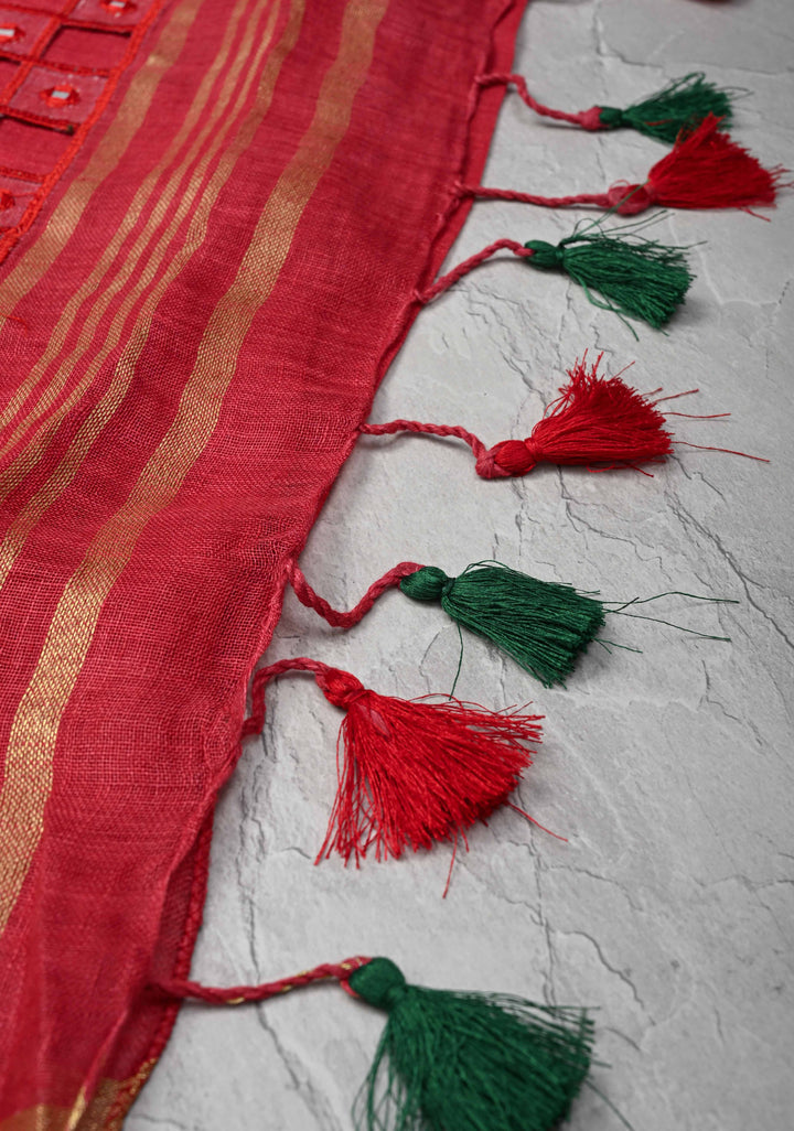 Jaali Pallu - Linen by Linen Cutwork and Mirrorwork Saree in Reddish Pink and Zari Border
