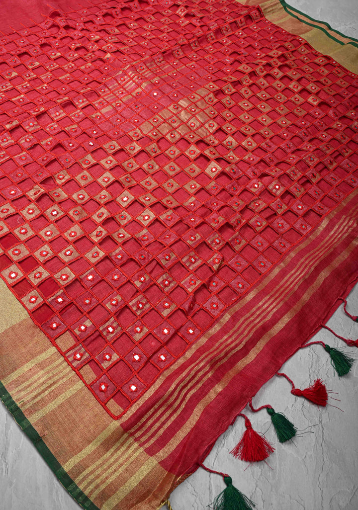 Jaali Pallu - Linen by Linen Cutwork and Mirrorwork Saree in Reddish Pink and Zari Border