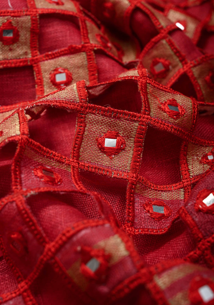 Jaali Pallu - Linen by Linen Cutwork and Mirrorwork Saree in Reddish Pink and Zari Border
