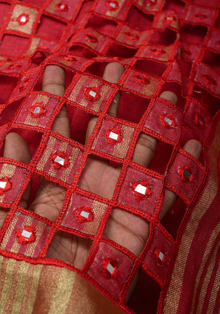 Jaali Pallu - Linen by Linen Cutwork and Mirrorwork Saree in Reddish Pink and Zari Border