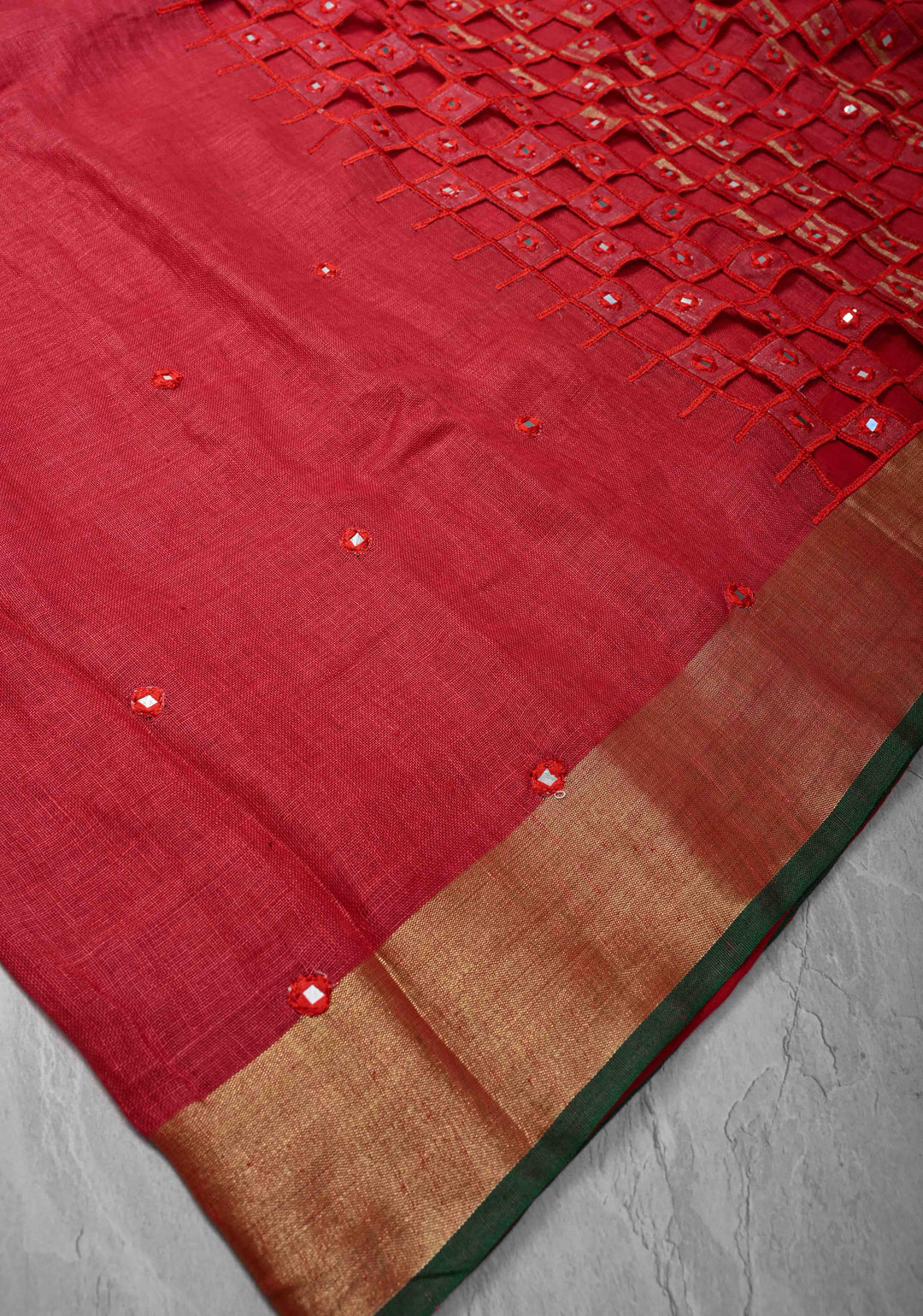 Jaali Pallu - Linen by Linen Cutwork and Mirrorwork Saree in Reddish Pink and Zari Border