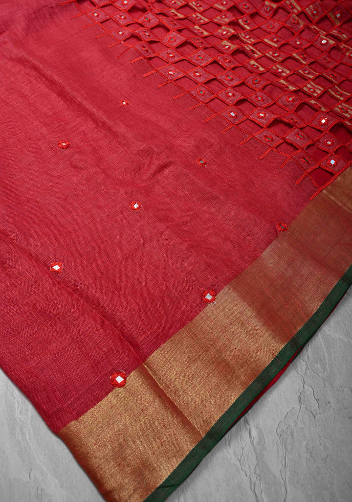 Jaali Pallu - Linen by Linen Cutwork and Mirrorwork Saree in Reddish Pink and Zari Border