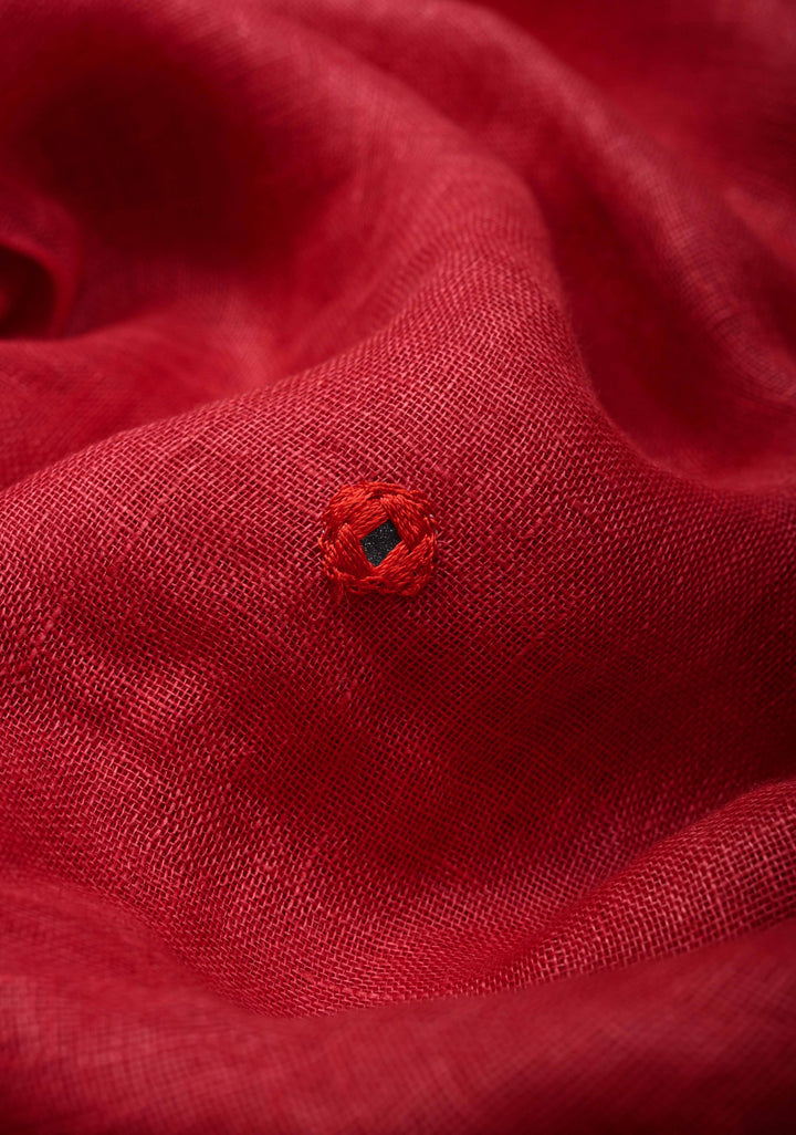 Jaali Pallu - Linen by Linen Cutwork and Mirrorwork Saree in Reddish Pink and Zari Border