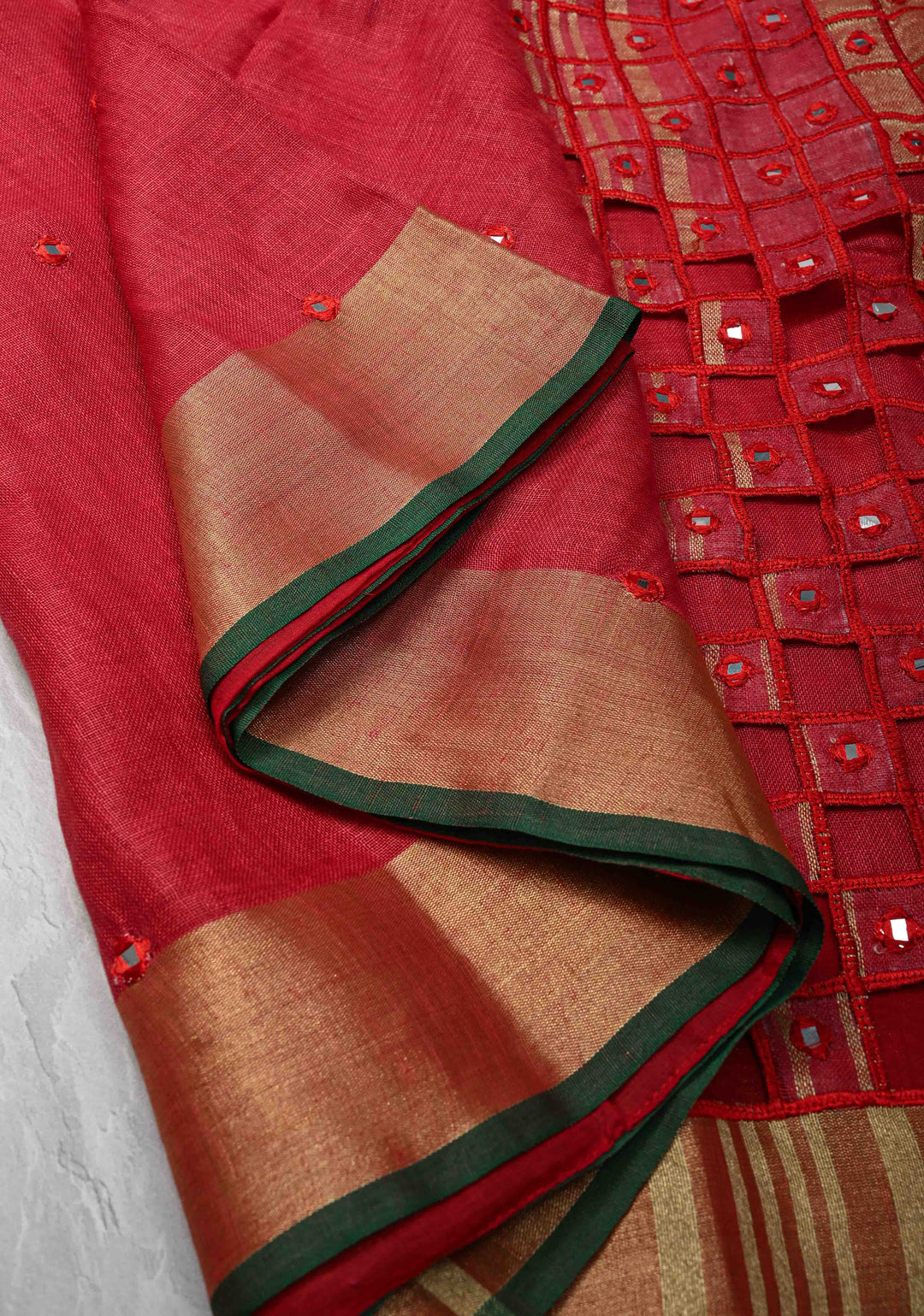 Jaali Pallu - Linen by Linen Cutwork and Mirrorwork Saree in Reddish Pink and Zari Border