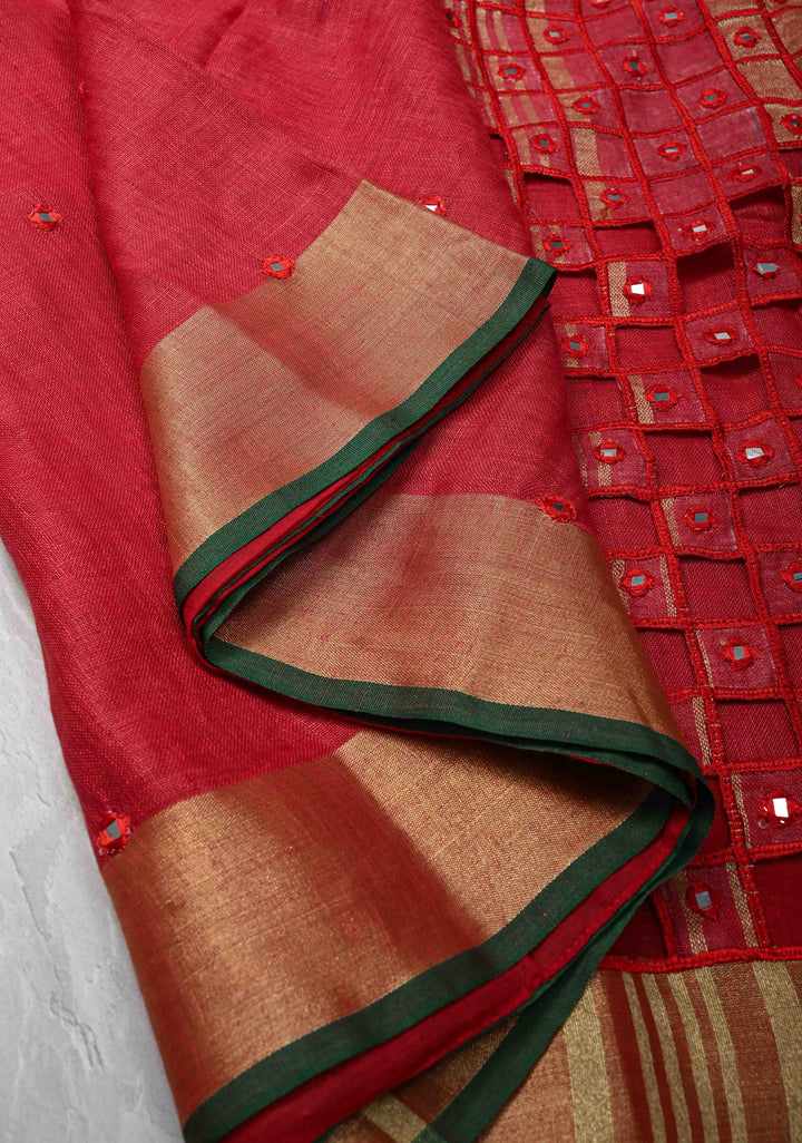 Jaali Pallu - Linen by Linen Cutwork and Mirrorwork Saree in Reddish Pink and Zari Border