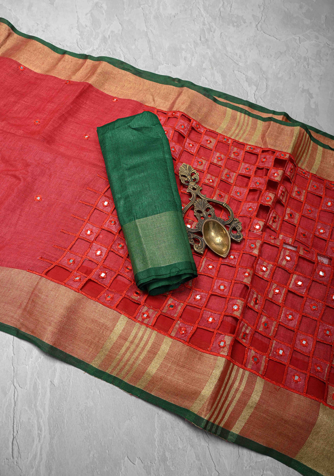 Jaali Pallu - Linen by Linen Cutwork and Mirrorwork Saree in Reddish Pink and Zari Border