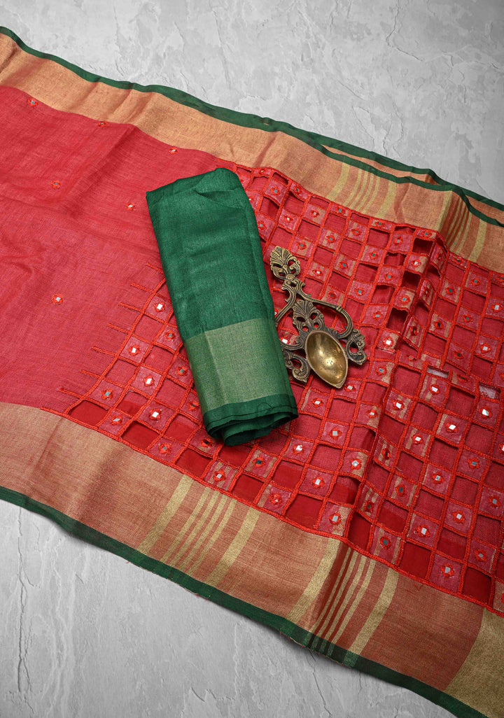 Jaali Pallu - Linen by Linen Cutwork and Mirrorwork Saree in Reddish Pink and Zari Border