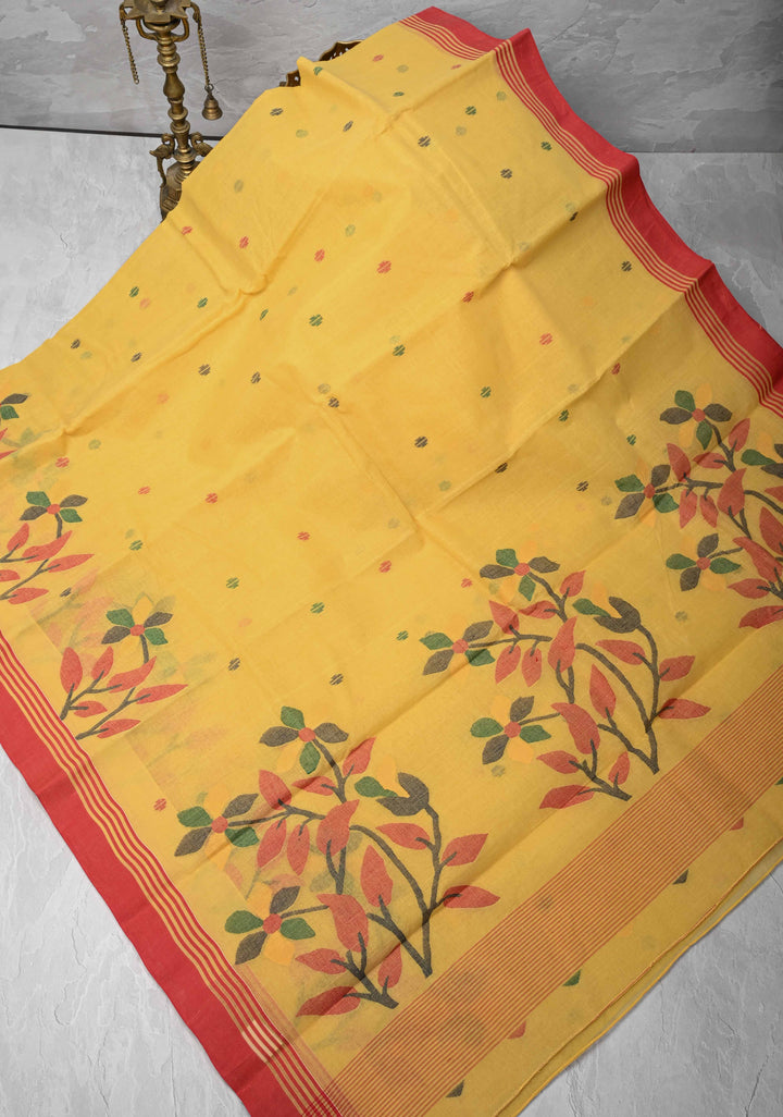 Bengal Cotton saree in Yellow with Jamdani style Design, No Blouse Piece