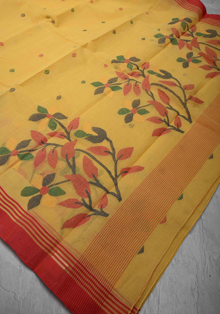 Bengal Cotton saree in Yellow with Jamdani style Design, No Blouse Piece