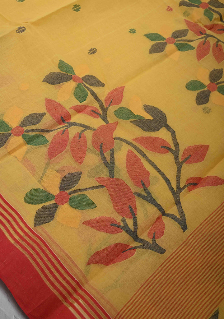 Bengal Cotton saree in Yellow with Jamdani style Design, No Blouse Piece
