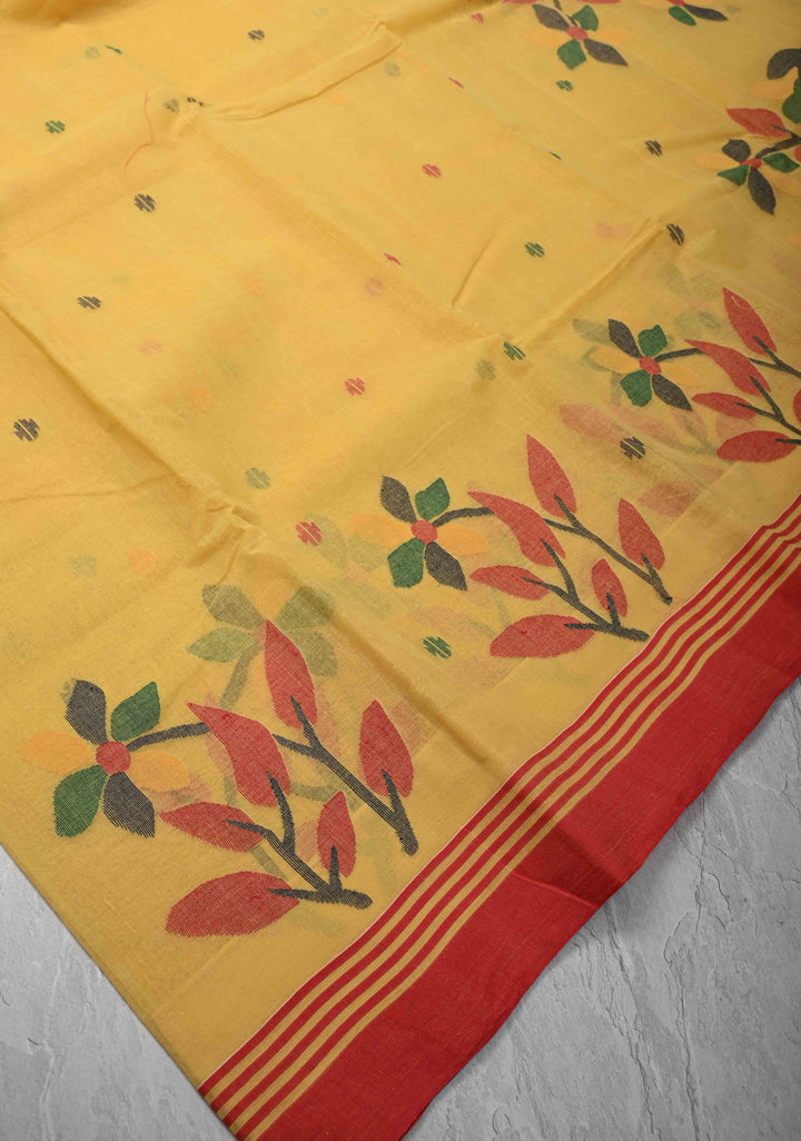Bengal Cotton saree in Yellow with Jamdani style Design, No Blouse Piece