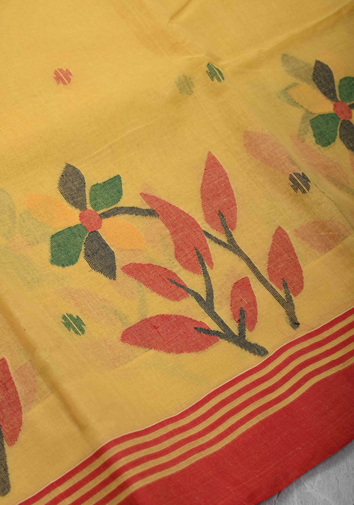Bengal Cotton saree in Yellow with Jamdani style Design, No Blouse Piece