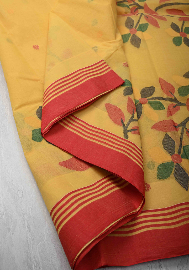 Bengal Cotton saree in Yellow with Jamdani style Design, No Blouse Piece