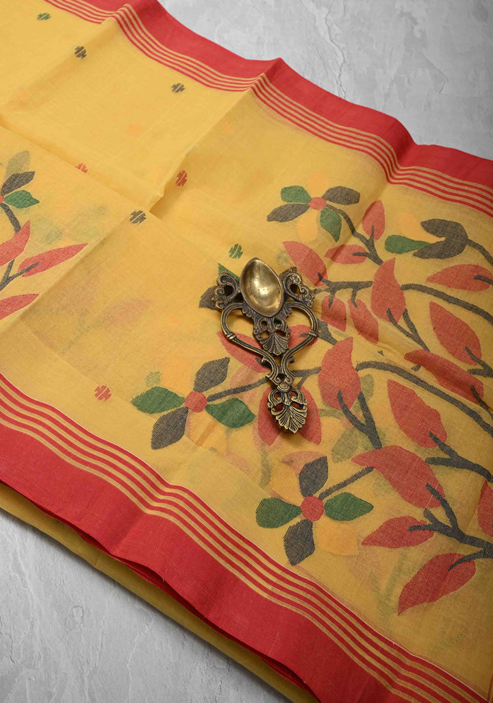 Bengal Cotton saree in Yellow with Jamdani style Design, No Blouse Piece