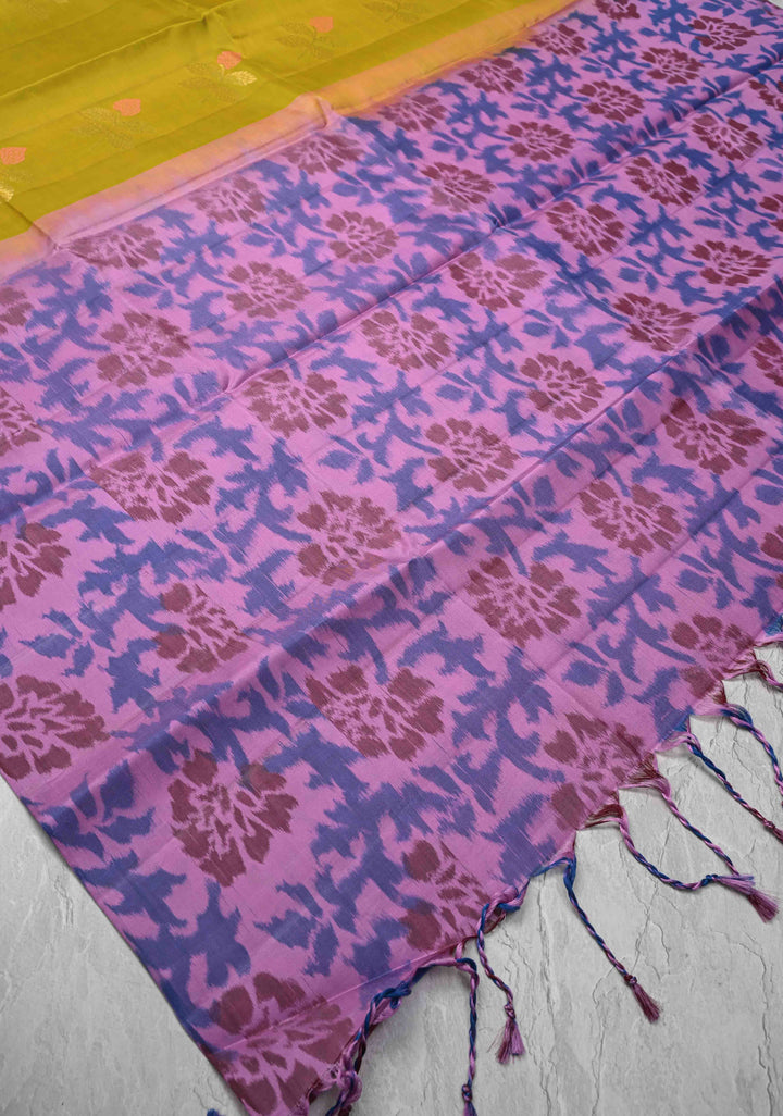 Kanjivaram Soft Silk Saree in Moss Yellow with Meenakari Floral Motifs and Ikkat Border | SILK MARK CERTIFIED