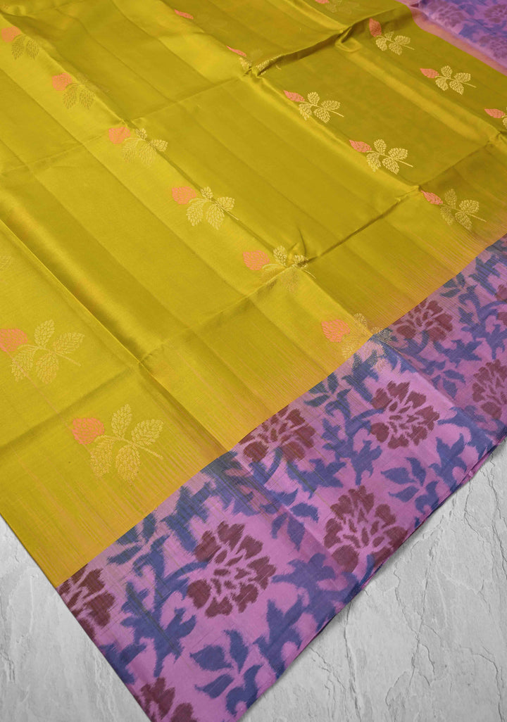 Kanjivaram Soft Silk Saree in Moss Yellow with Meenakari Floral Motifs and Ikkat Border | SILK MARK CERTIFIED
