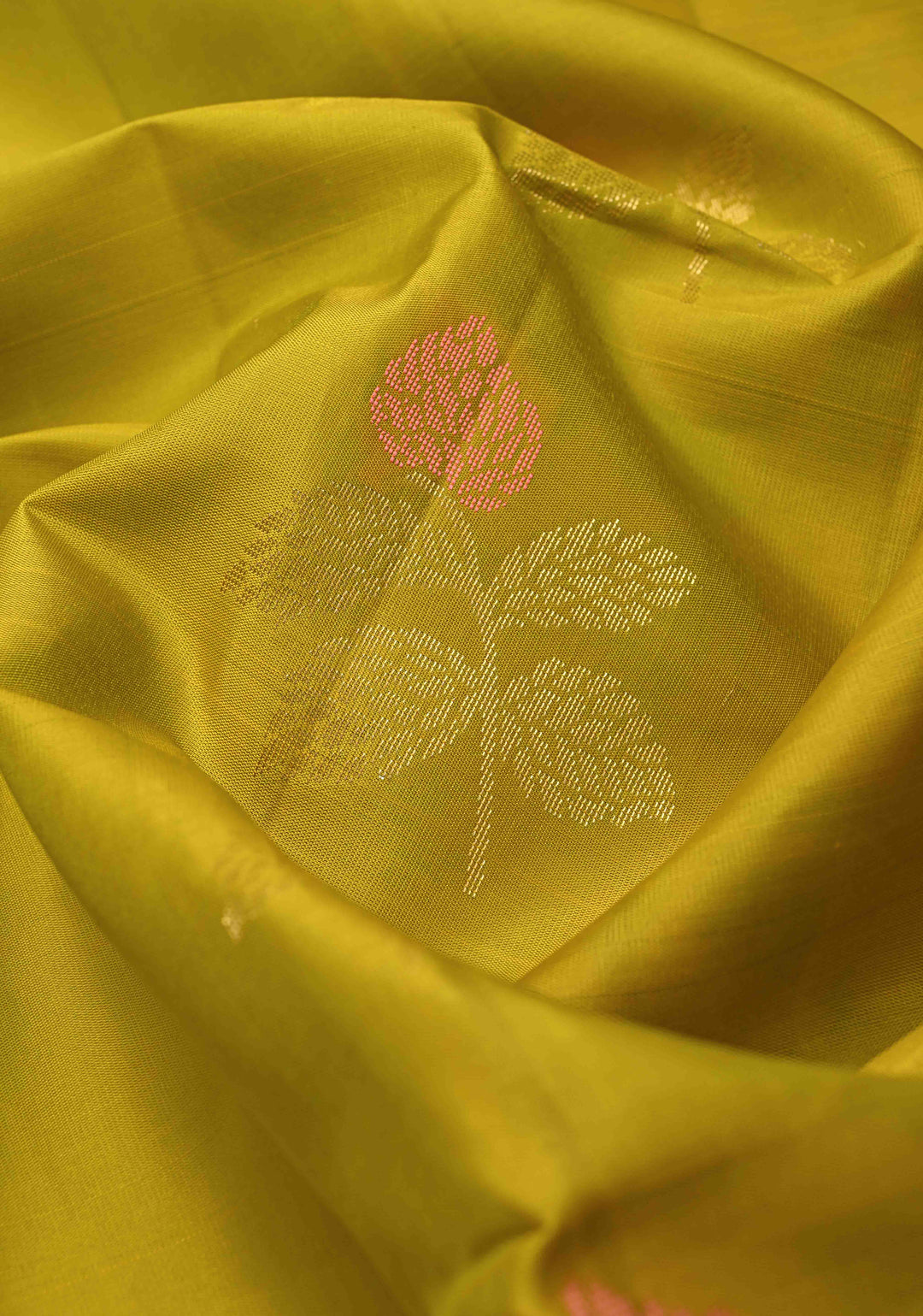 Kanjivaram Soft Silk Saree in Moss Yellow with Meenakari Floral Motifs and Ikkat Border | SILK MARK CERTIFIED