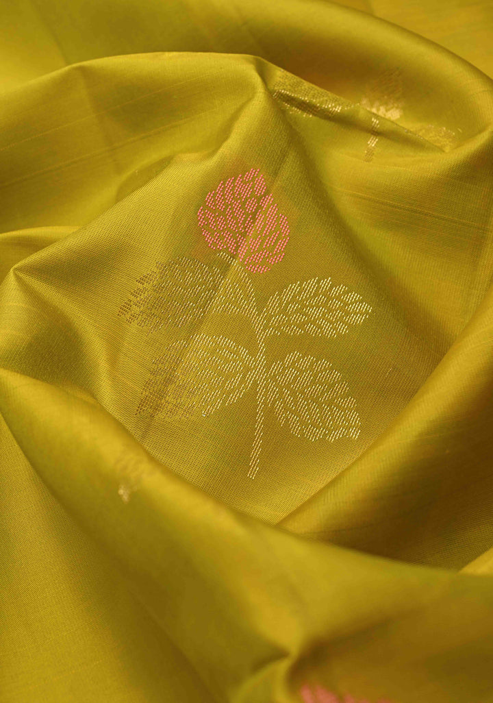 Kanjivaram Soft Silk Saree in Moss Yellow with Meenakari Floral Motifs and Ikkat Border | SILK MARK CERTIFIED