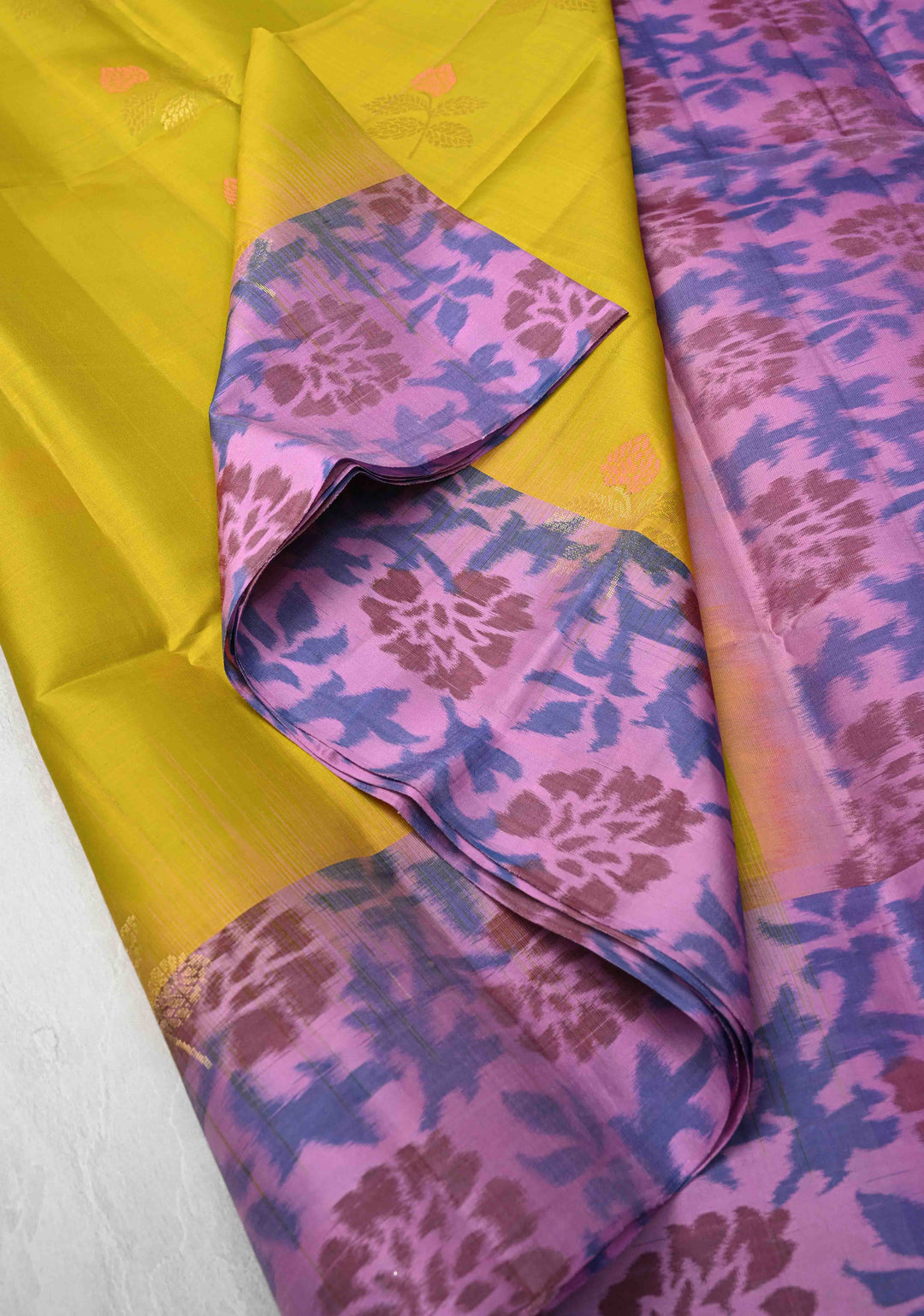 Kanjivaram Soft Silk Saree in Moss Yellow with Meenakari Floral Motifs and Ikkat Border | SILK MARK CERTIFIED