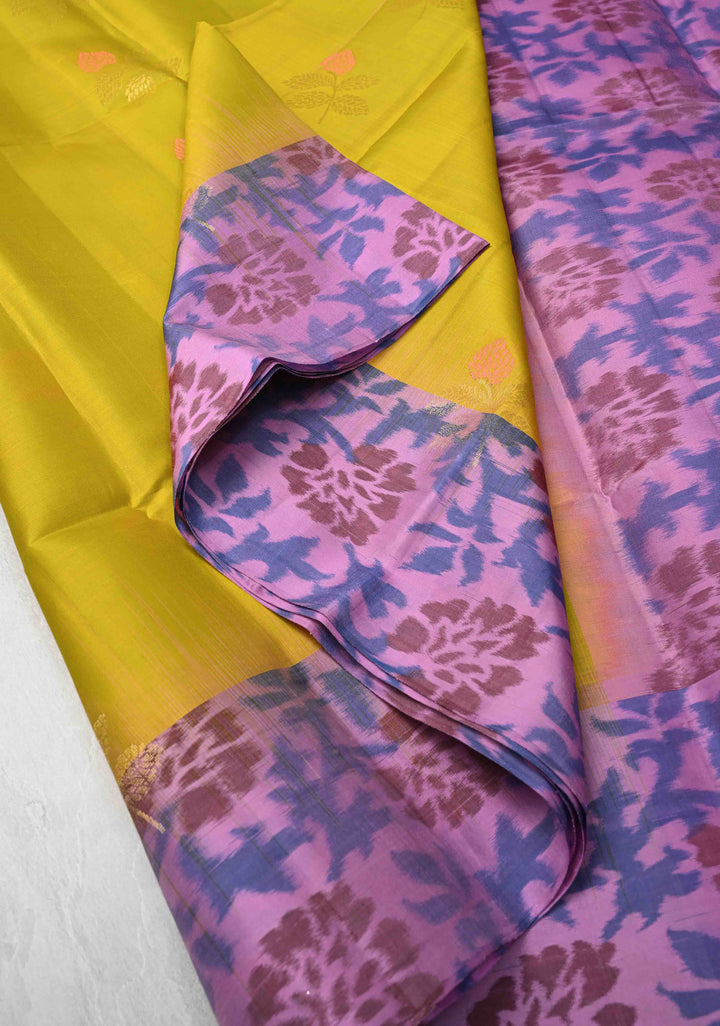 Kanjivaram Soft Silk Saree in Moss Yellow with Meenakari Floral Motifs and Ikkat Border | SILK MARK CERTIFIED