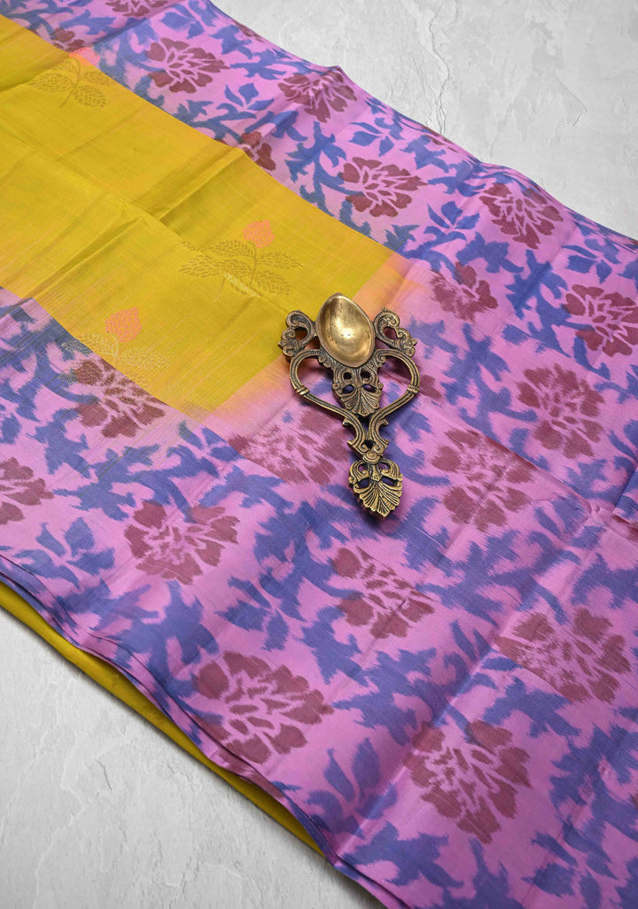 Kanjivaram Soft Silk Saree in Moss Yellow with Meenakari Floral Motifs and Ikkat Border | SILK MARK CERTIFIED