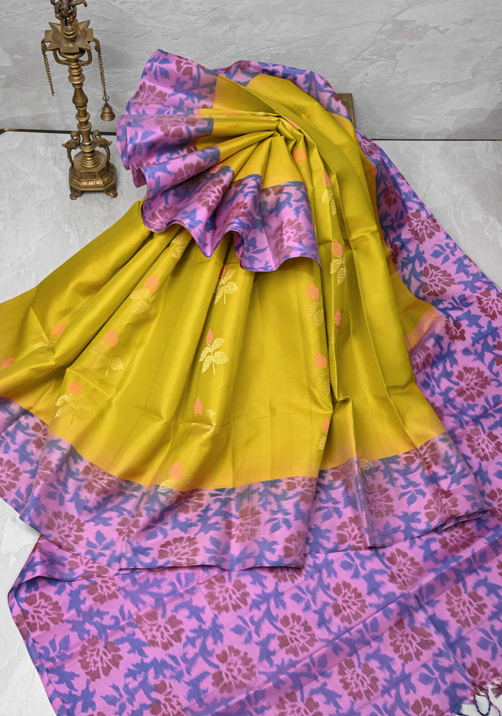Kanjivaram Soft Silk Saree in Moss Yellow with Meenakari Floral Motifs and Ikkat Border | SILK MARK CERTIFIED