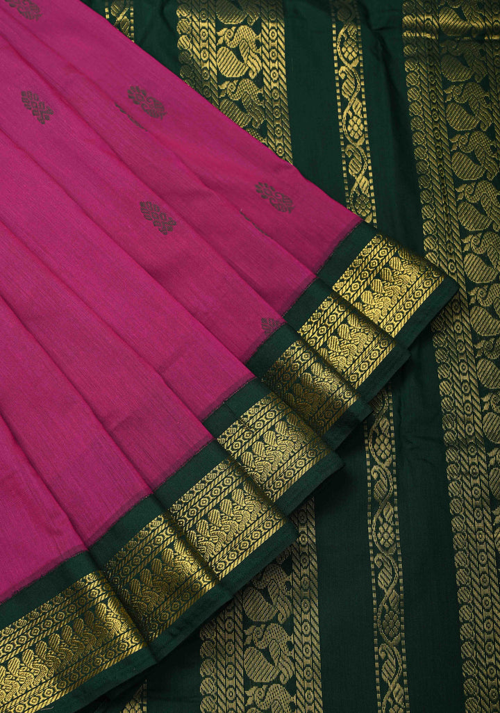 Magenta Venkatagiri Cotton Silk Saree with Thread buttas and Green zari borders