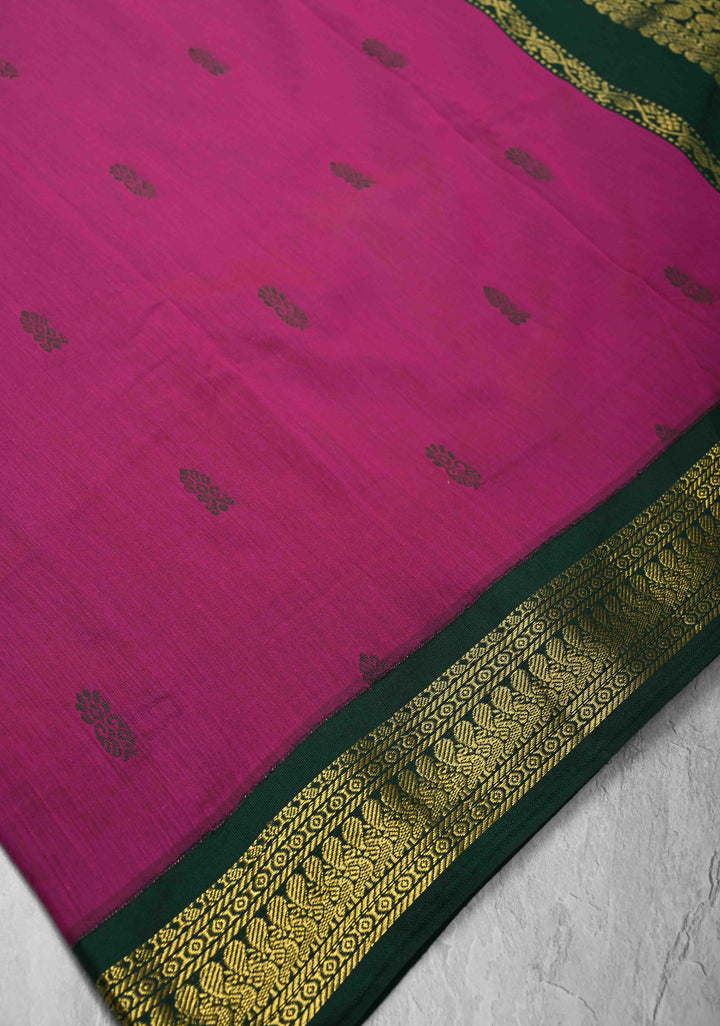 Magenta Venkatagiri Cotton Silk Saree with Thread buttas and Green zari borders